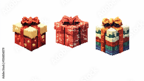 Pixel art gift boxes wrapped with festive ribbons