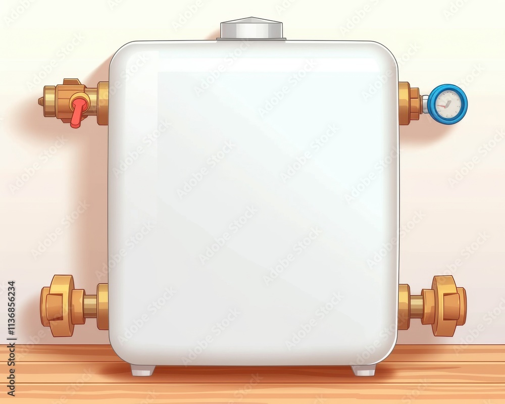 Obraz premium A clean, modern water heater with brass fittings and a pressure gauge, set against a light wall and wooden floor.