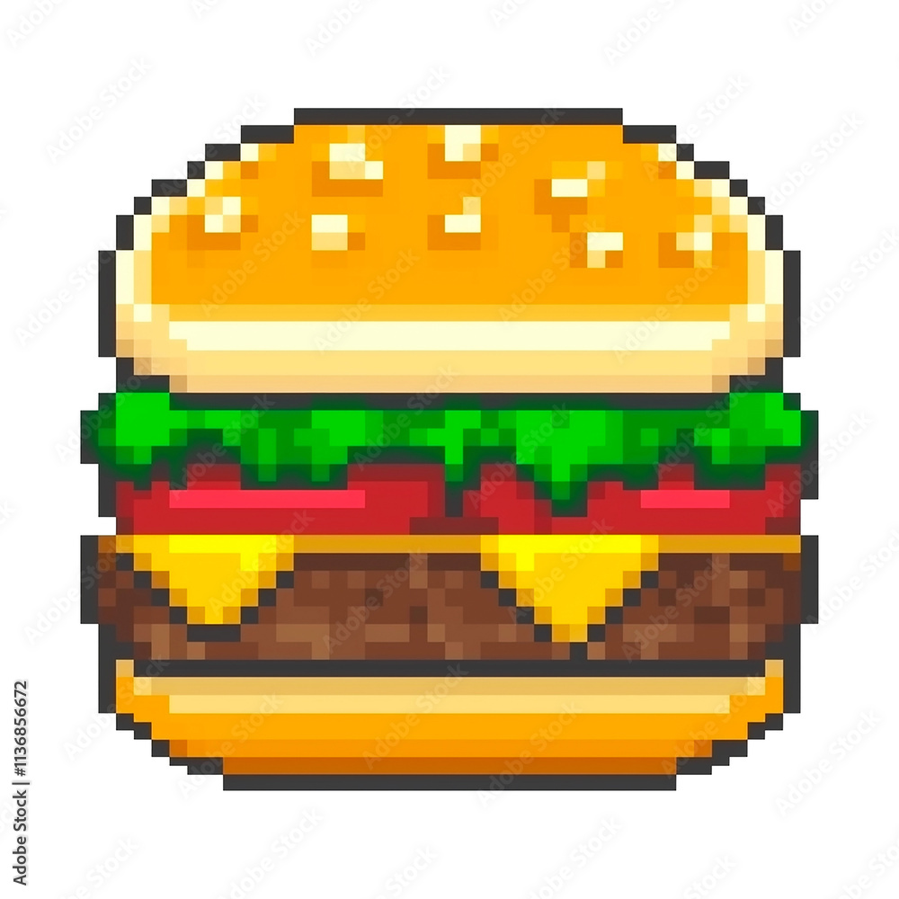 Pixel art cheeseburger with lettuce and tomato on transparent background Pixel art cheeseburger with lettuce and tomato on transparent background