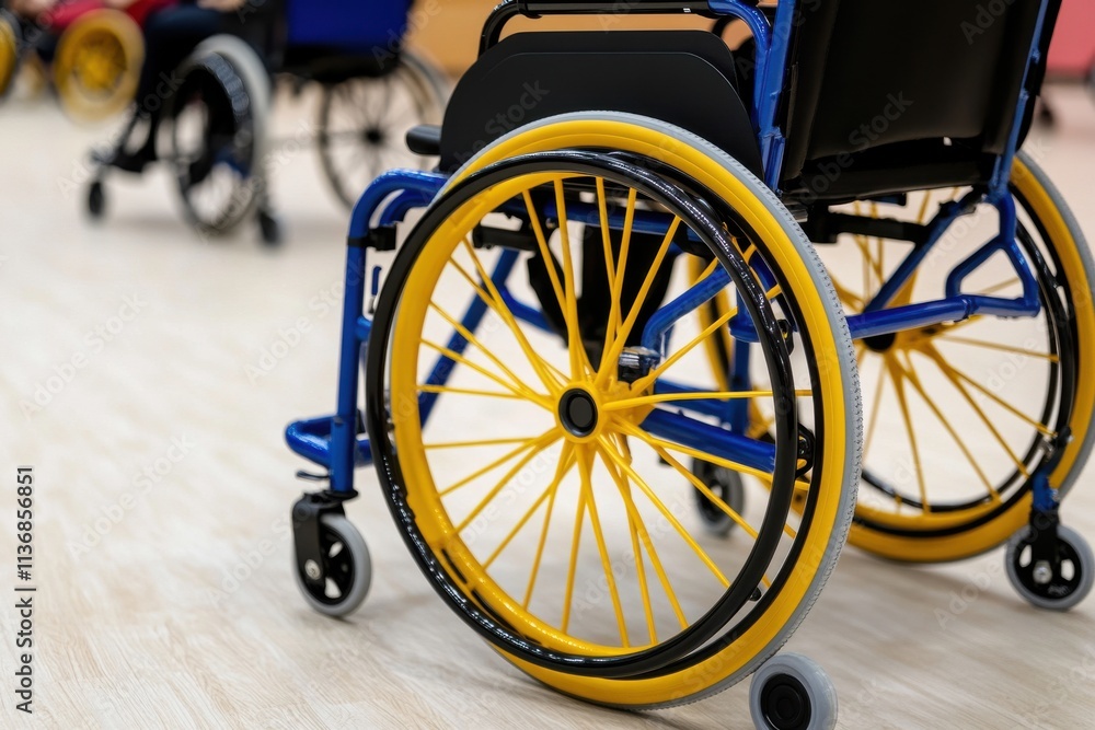 Colorful wheelchairs lined up in a spacious area, showcasing the vibrant yellow wheels against a clean backdrop. Colorful wheelchairs lined up in a spacious area, showcasing the vibrant yellow wheels against a clean backdrop.