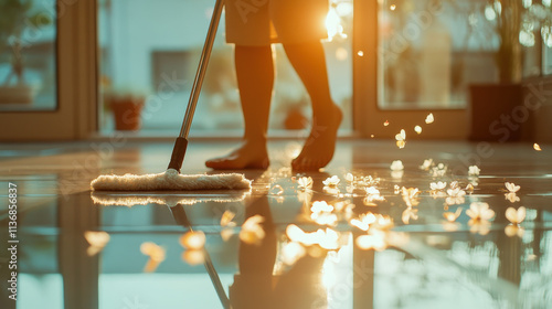 Tranquil Indoor Cleaning Scene with Barefoot Person Mopping Gleaming Floor Surrounded by Delicate Flower Petals and Soft Sunlight