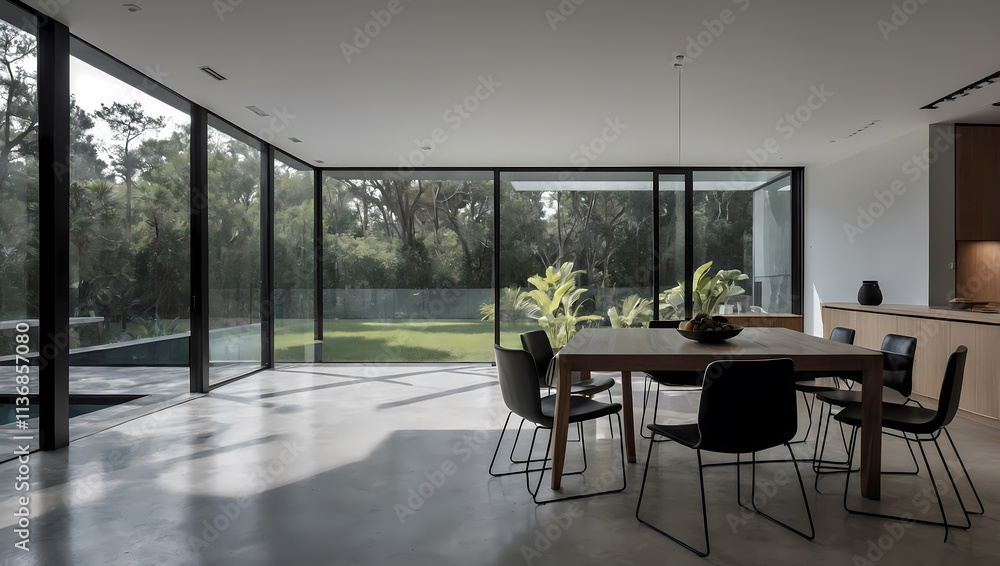 Fototapeta premium Modern dining area with a wooden table, black chairs, and large windows overlooking a green outdoor space.