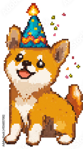 Pixel art shiba inu dog wearing party hat celebrating birthday