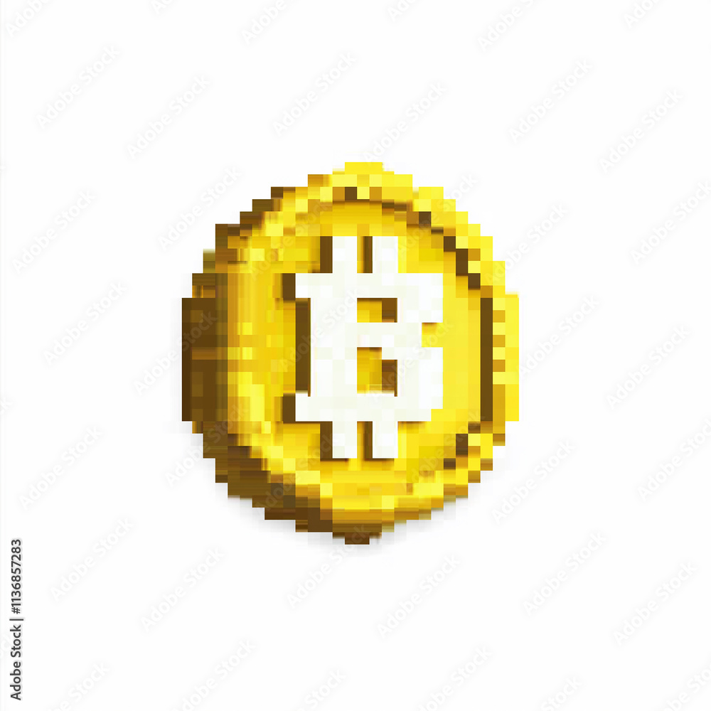 Pixelated bitcoin cryptocurrency coin rotating on white background Pixelated bitcoin cryptocurrency coin rotating on white background