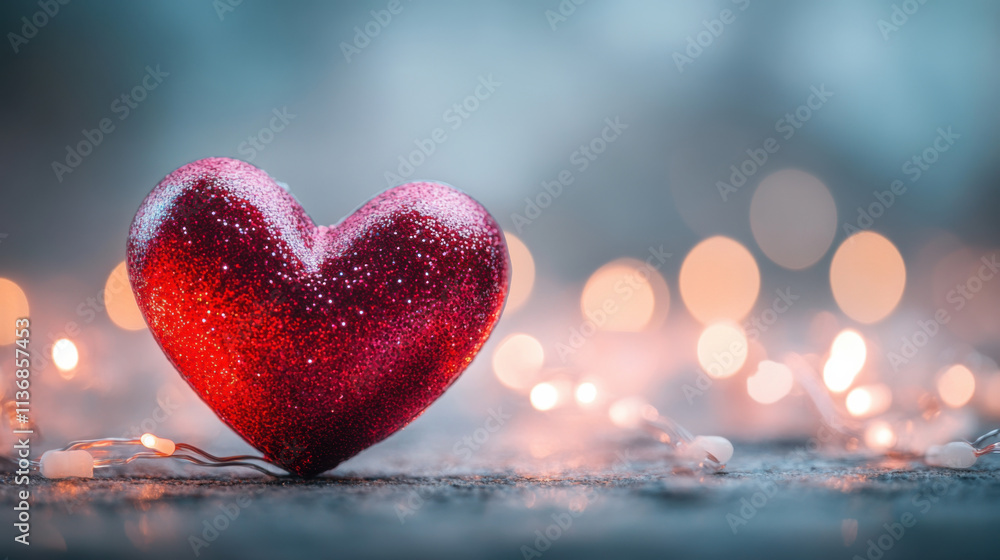 Fototapeta premium Sparkling Red Heart on Soft Background with Glowing Lights Creating a Magical Romantic Atmosphere for Valentine's Day or Love-themed Celebrations