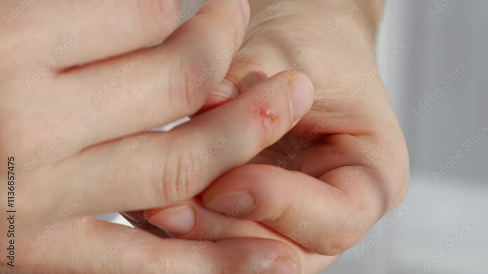 Close-up of a scratch on a finger.
A man shows a cut finger.
Consequences of careless handling of a knife.
A man with fair skin has an injured hand. Close-up of a scratch on a finger.
A man shows a cut finger.
Consequences of careless handling of a knife.
A man with fair skin has an injured hand.