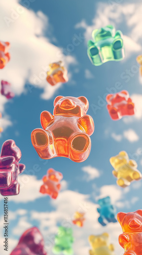Colorful gummy bears floating in a cloudy sky