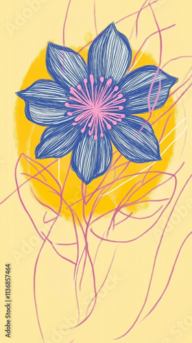 Blue and pink flower blooming under yellow sun, abstract digital painting