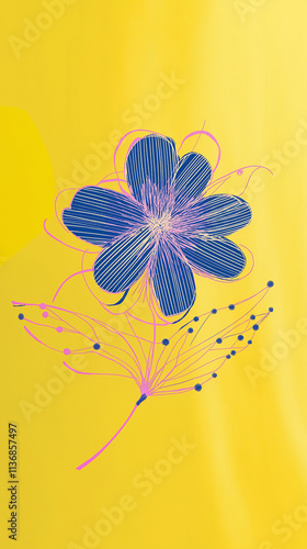Blue and pink flower blooming on vibrant yellow background