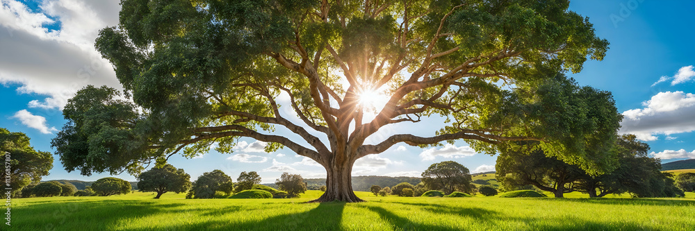 Obraz premium Majestic tree stands tall in a vibrant green landscape under a bright sun