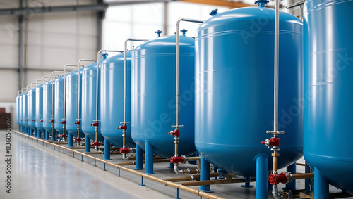 Industrial storage tanks in a modern warehouse during daylight showcasing advanced technology photo