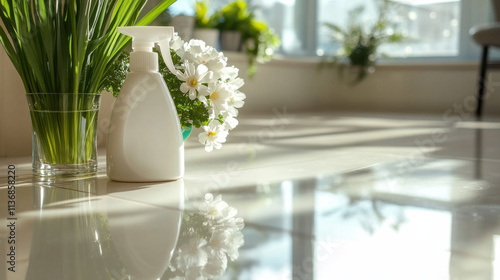 Clean and Fresh Home Environment with Green Plants and Flowers, Featuring a Spray Bottle and Sunlight Reflections on a Bright Floor