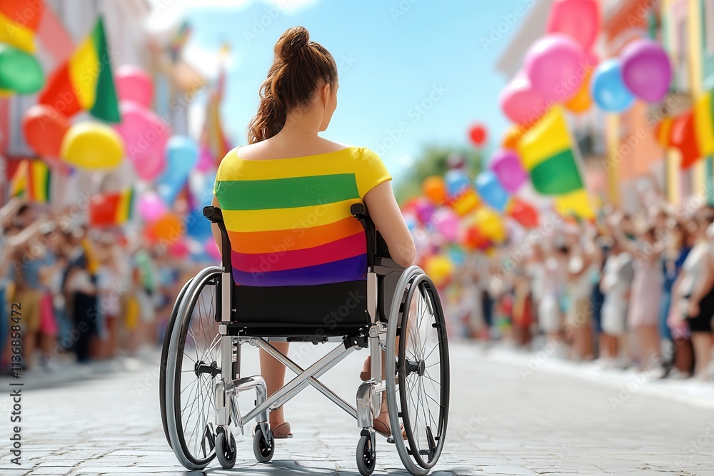 Obraz premium A young woman in a rainbow-striped shirt enjoys a vibrant parade from her wheelchair, surrounded by colorful balloons.