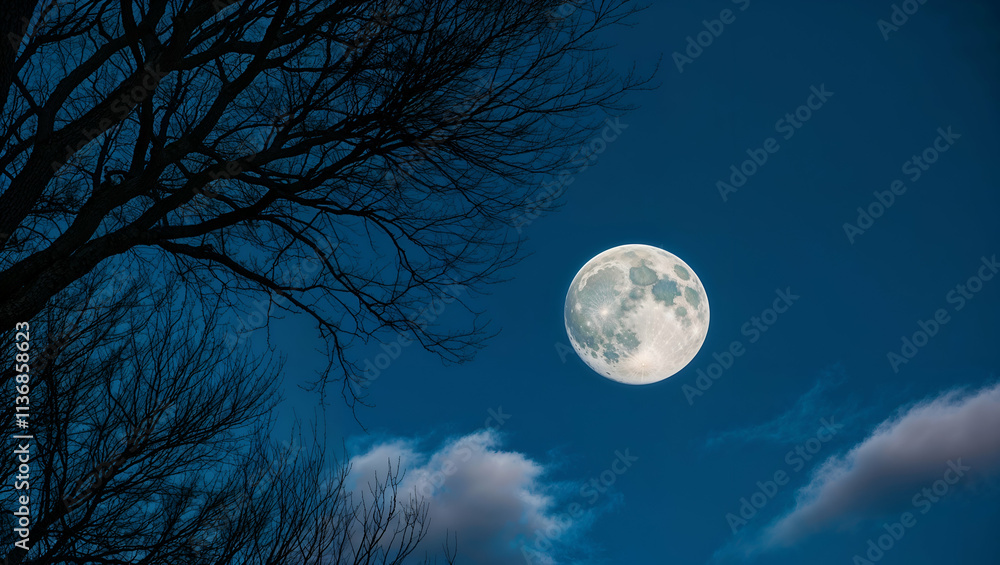 Bright full moon illuminating a clear night sky above dark tree silhouettes with scattered clouds Bright full moon illuminating a clear night sky above dark tree silhouettes with scattered clouds