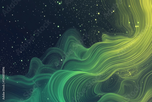 Yellow and green abstract energy background with wavy lines and sparkles on black with copy space