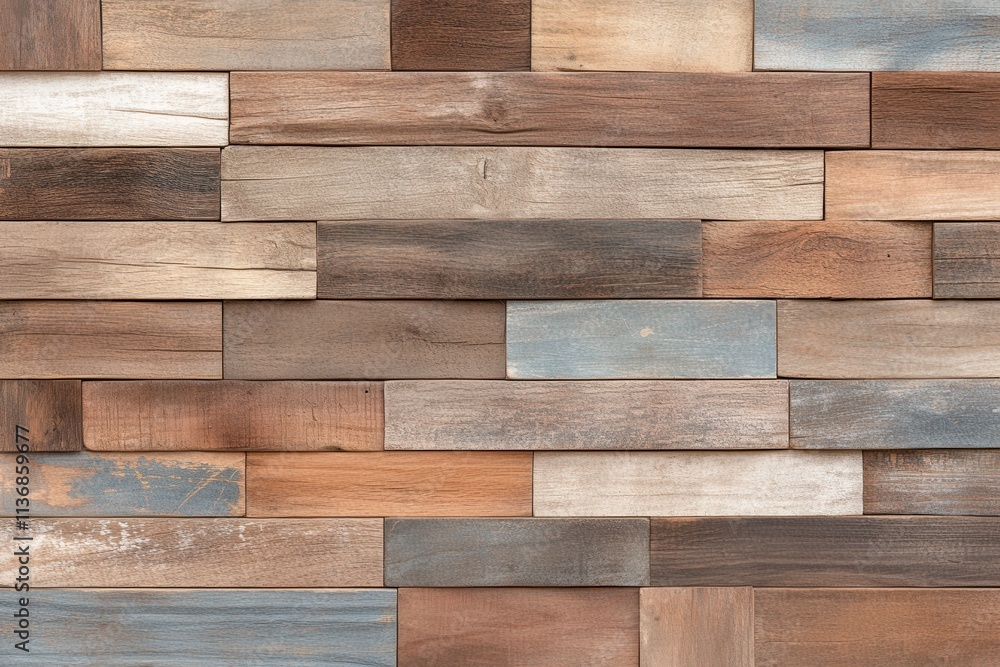 Naklejka premium Textured wood paneling in various shades of brown and blue, creating a warm and rustic atmosphere.