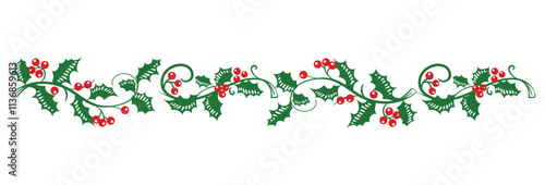Christmas holly botanical border. Flat illustration with green leaves and red berries on white background. Line with plant wreath. Vector image.
