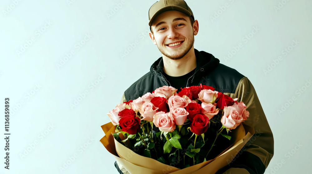 Smiling man delivering bouquet of red and pink roses for special occasions Smiling man delivering bouquet of red and pink roses for special occasions