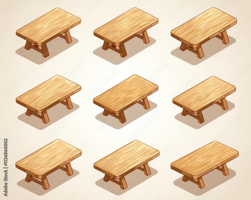 A collection of wooden tables displayed in a grid pattern, showcasing different angles and perspectives. A collection of wooden tables displayed in a grid pattern, showcasing different angles and perspectives.