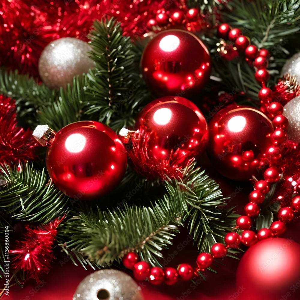 Fototapeta premium Merry Christmas, balls, lights, red- 60
