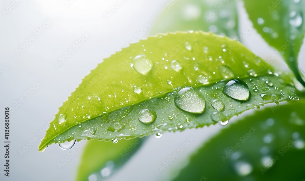 Fototapeta premium Green Leaf with Water Droplets Glistening in Sunlight