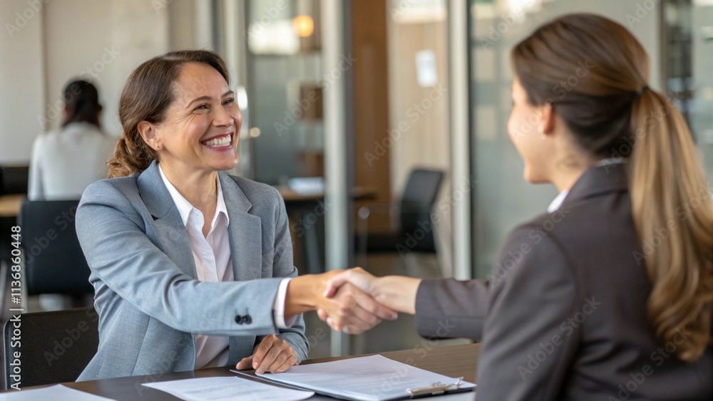 Handshake between smiling businesswoman and client at office meeting. Mid aged female manager or hr hiring new recruit, bank or insurance agent, or lawyer making contract deal at work Handshake between smiling businesswoman and client at office meeting. Mid aged female manager or hr hiring new recruit, bank or insurance agent, or lawyer making contract deal at work