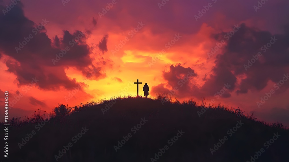 Silhouette Of A Person Standing By A Cross At Sunset Silhouette Of A Person Standing By A Cross At Sunset
