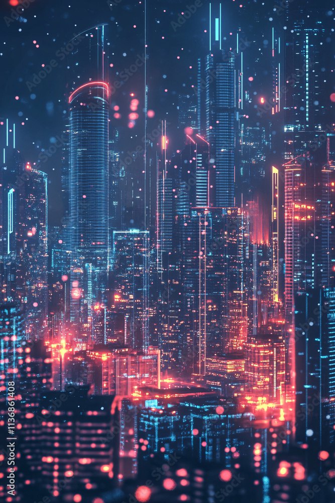 Fototapeta premium A futuristic city skyline icon glowing with urban data, representing online city planning platforms, smart infrastructure tools, and real-time urban analytics. 