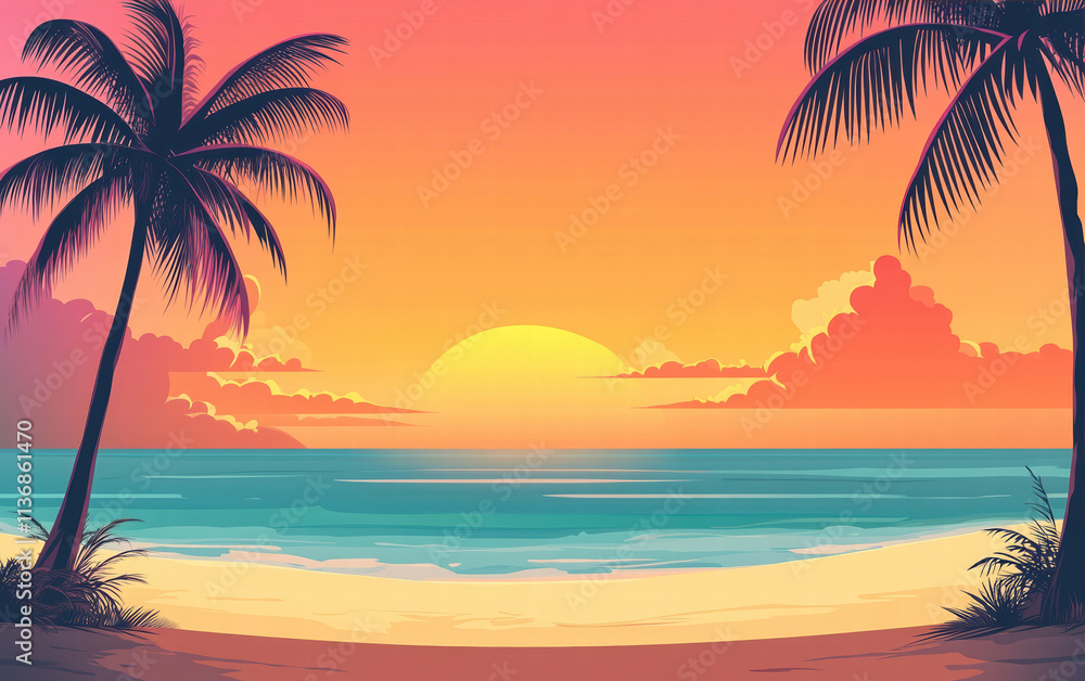 Sunset Paradise: Palm trees silhouette against a vibrant sunset, casting long shadows across the golden sands of a pristine beach. The ocean, a cerulean expanse. Sunset Paradise: Palm trees silhouette against a vibrant sunset, casting long shadows across the golden sands of a pristine beach. The ocean, a cerulean expanse.