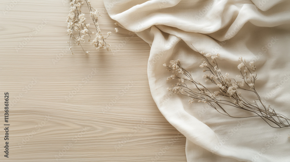 Bright Natural Food Background with Light Wooden Surface and Neutral Linen Accents Bright Natural Food Background with Light Wooden Surface and Neutral Linen Accents