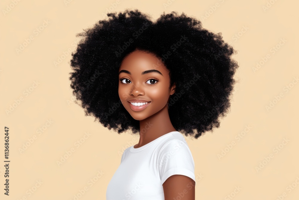 Smiling young Black woman with natural curly hair, exuding confidence and warmth against a soft beige background. Smiling young Black woman with natural curly hair, exuding confidence and warmth against a soft beige background.
