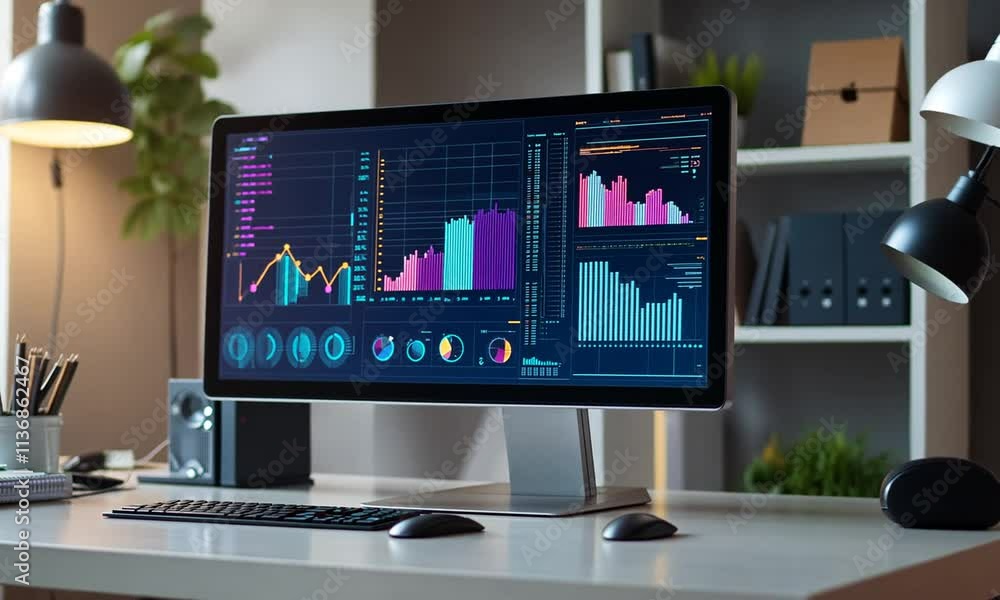 Modern Workplace Computer Displaying Data Analytics Charts and Graphs Modern Workplace Computer Displaying Data Analytics Charts and Graphs