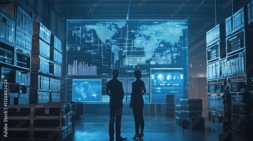 Silhouetted Analysts in High-Tech Data Center with World Map Display and Futuristic Technology Silhouetted Analysts in High-Tech Data Center with World Map Display and Futuristic Technology