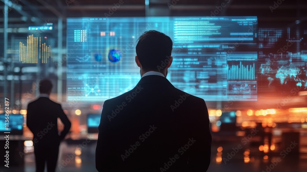 Futuristic Business Technology Hub with Analytics Display in Corporate Environment Futuristic Business Technology Hub with Analytics Display in Corporate Environment