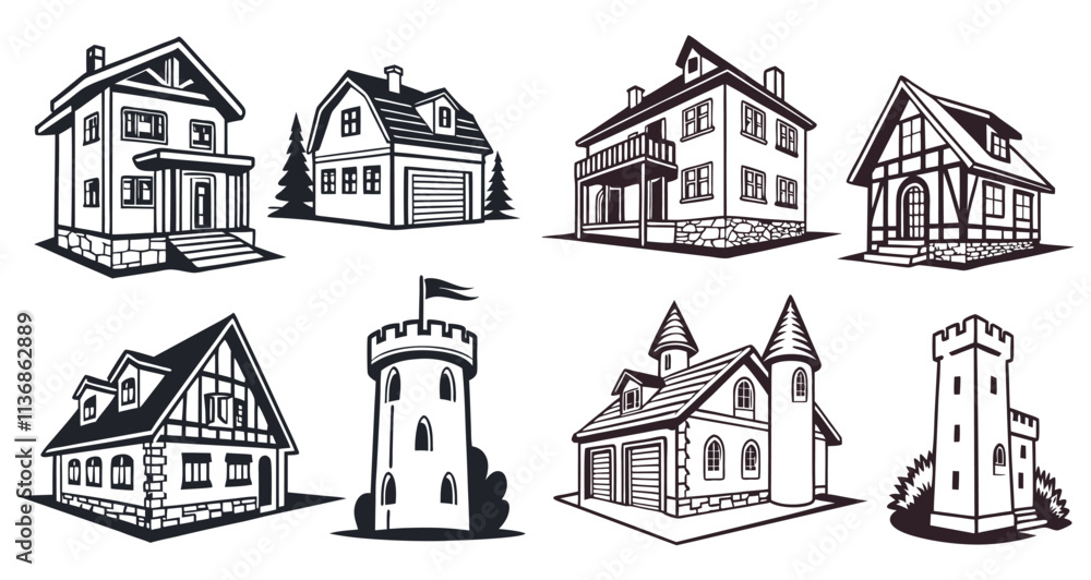 set of houses in styles, set of houses icon, set of houses sketch, Buildings Line Editable Stroke Icons Set. Real Estate, House, Home, Apartment, set of houses in styles, set of houses icon, set of houses sketch, Buildings Line Editable Stroke Icons Set. Real Estate, House, Home, Apartment,