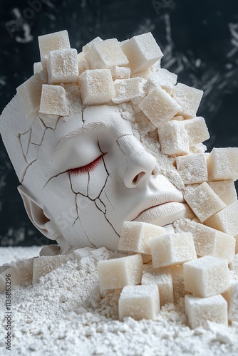 Face covered with sugar cubes is sinking into refined sugar representing addiction photo