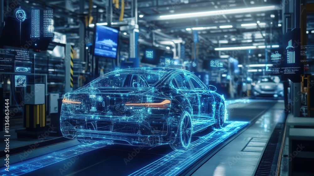 Futuristic Car in High-Tech Factory with Neon Blue Digital Overlay Futuristic Car in High-Tech Factory with Neon Blue Digital Overlay