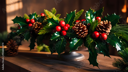 A moody and intimate, cinematic photograph featuring a vibrant Christmas decoration composed of lush, emerald green holly leaves adorned with plump, crimson berries and warm, golden pine cones photo