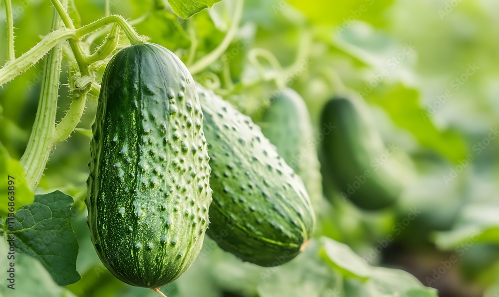 Green cucumbers growing on a vine in a garden Green cucumbers growing on a vine in a garden