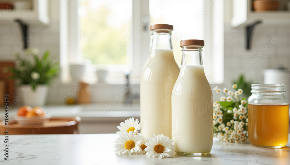 Freshly poured milk in glass bottles adorned with daisies creates a serene kitchen atmosphere on a sunny day Freshly poured milk in glass bottles adorned with daisies creates a serene kitchen atmosphere on a sunny day