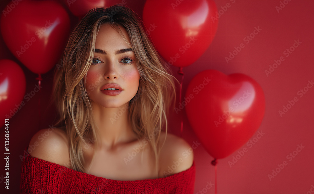 young woman model around the red balloons. young woman model around the red balloons.