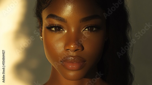 Close up Beauty portrait of african american woman with clean healthy dark skin on neutral background. Smiling dreamy beautiful afro haitstyle girl. Curly black hair. photo