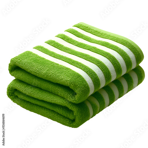 A neatly folded set of striped green and white towels.