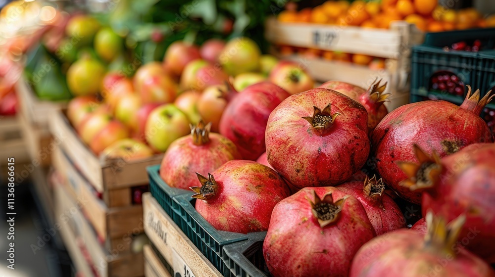 A vibrant display of fresh fruits, including pomegranates and apples, at a market. A vibrant display of fresh fruits, including pomegranates and apples, at a market.