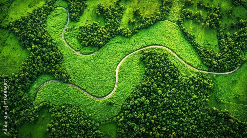 Aerial View of a Winding Road Through Lush Green Landscape Aerial View of a Winding Road Through Lush Green Landscape