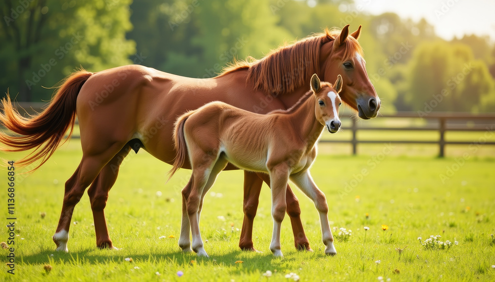 Bonding moments in a serene pasture with mare and foal enjoying a sunny afternoon together in a peaceful setting Bonding moments in a serene pasture with mare and foal enjoying a sunny afternoon together in a peaceful setting
