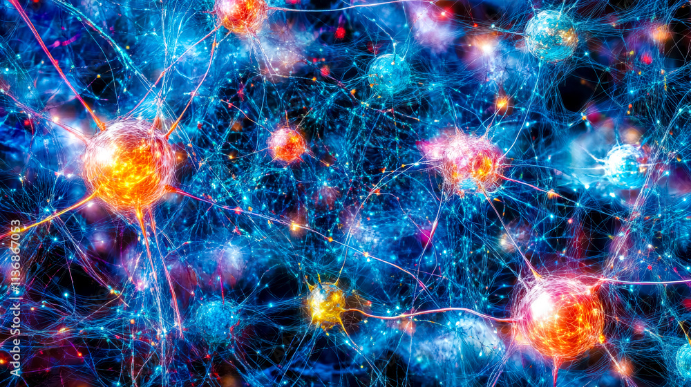 Fototapeta premium Neural network exchanging data through bright glowing synapses