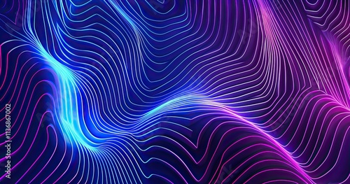 Abstract wave pattern with vibrant blue and pink lines on a dark background.