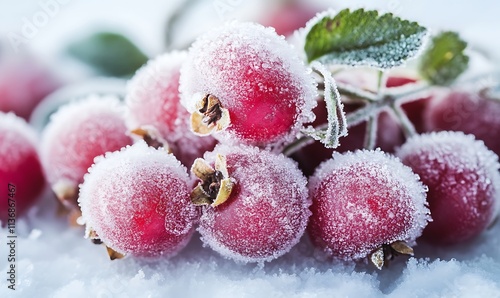 Frozen Red Berries Covered In Frost On Snow photo