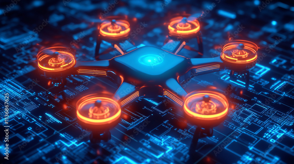 Fototapeta premium A futuristic drone icon glowing with aerial data, representing online drone platforms, smart aerial photography tools, and real-time delivery analytics. 
